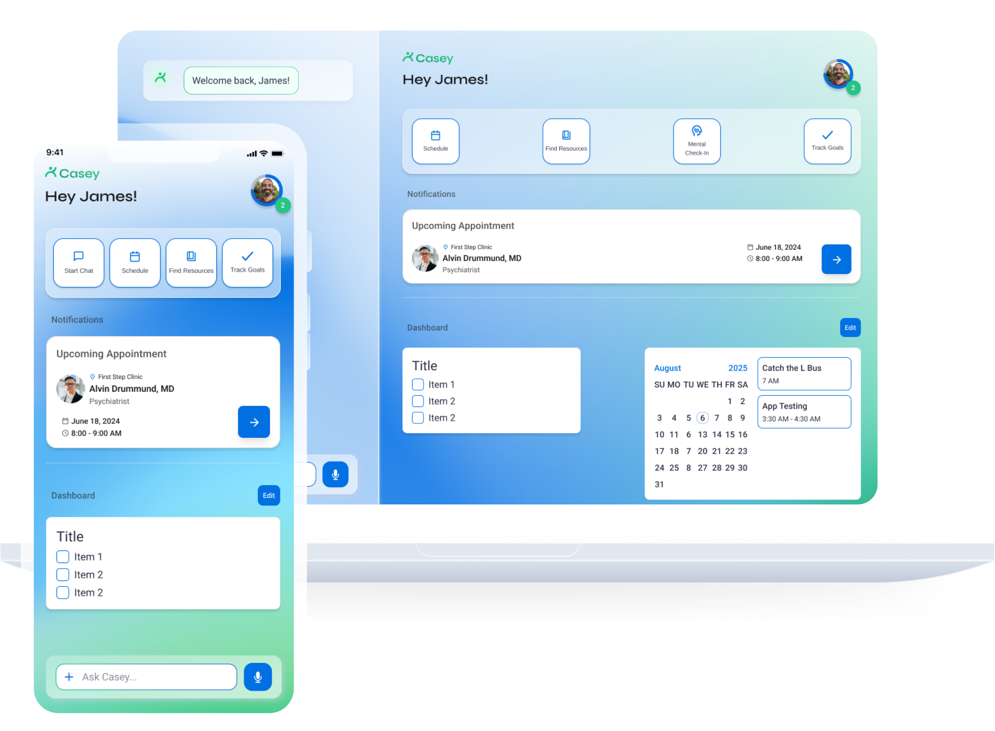 Casey app shown on a phone and tablet